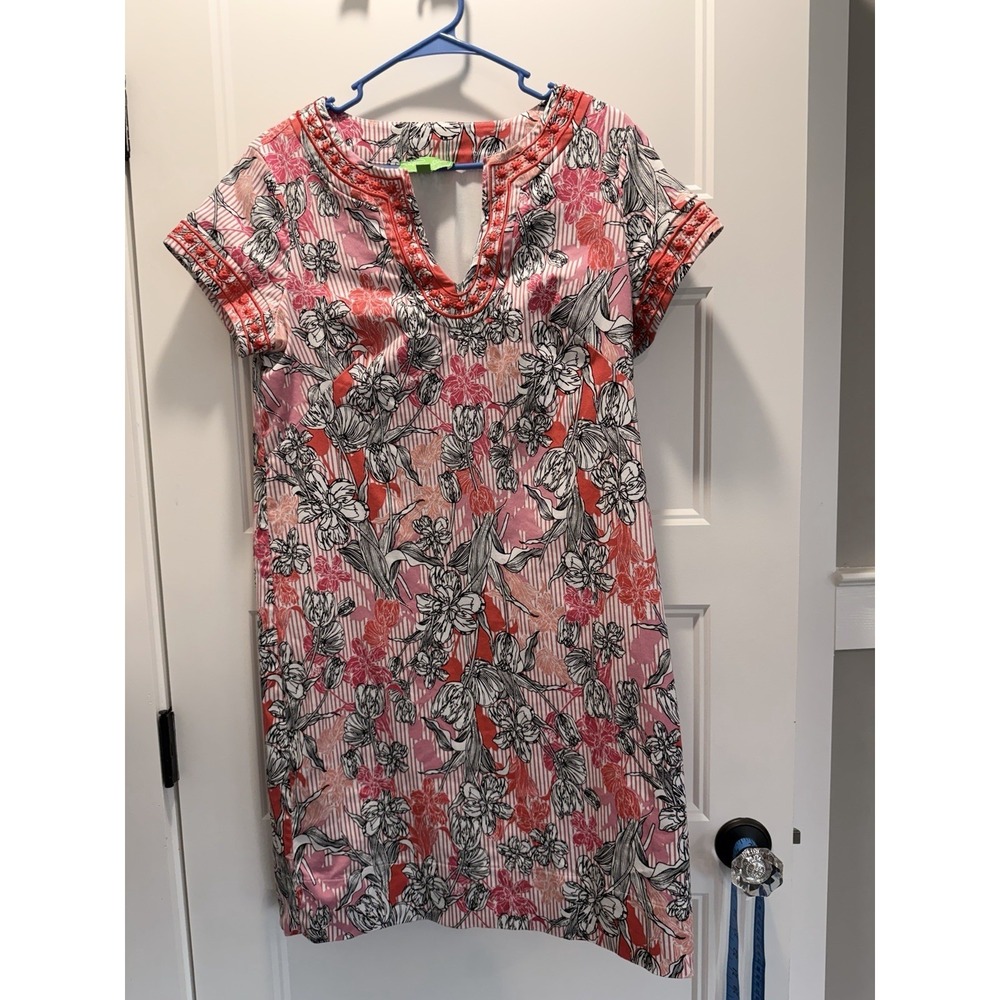 Cappagallo Pink Stripe Floral Shift Dress Size 10 Embroidered Neckline Side